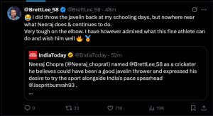'Nowhere close... ': Brett Lee hilariously responds to Neeraj Chopra’s Javelin shoutout